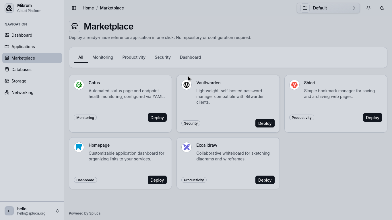 Mikrom Marketplace screen with one-click app deploys